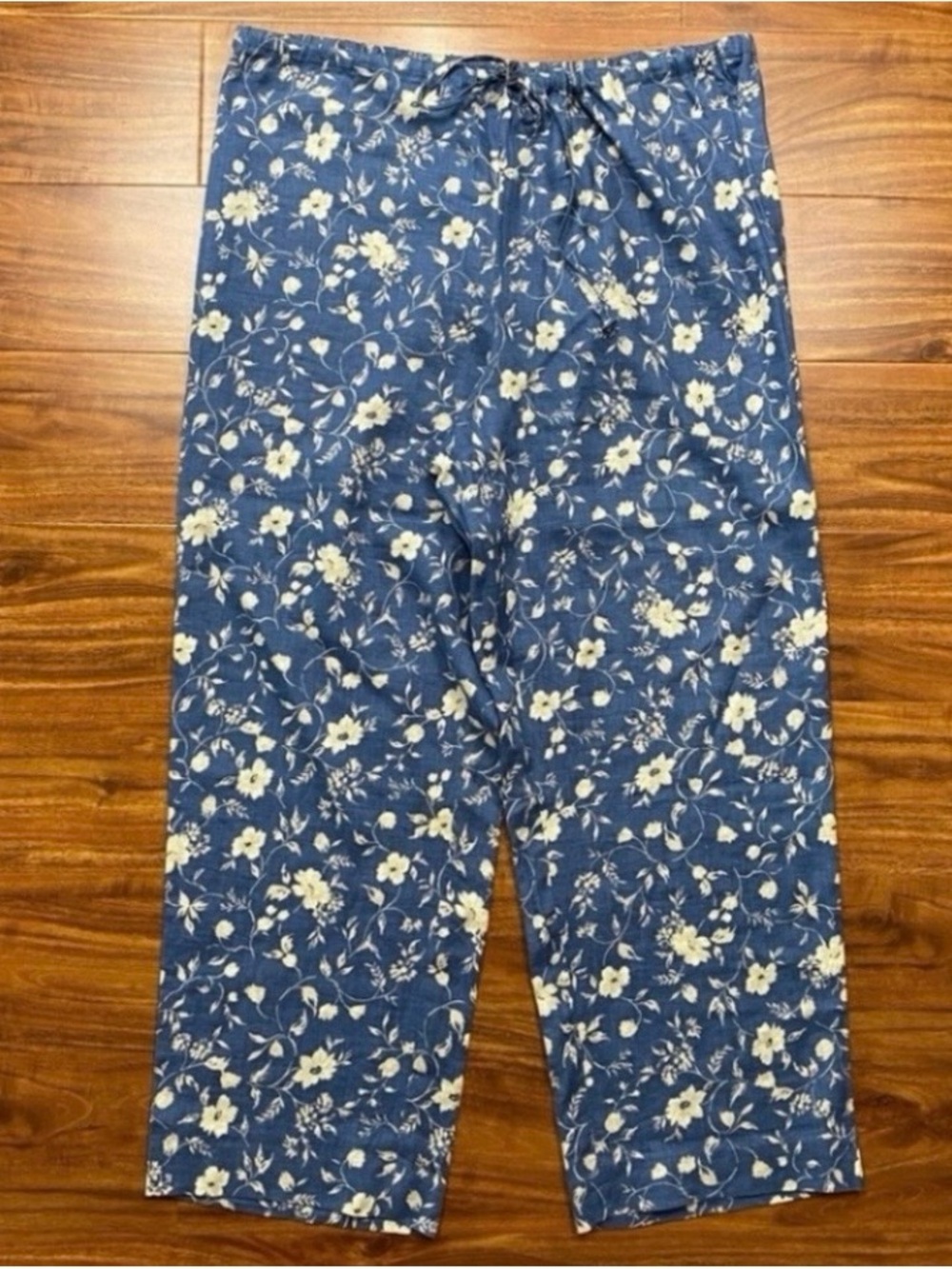 Vintage Women Blue Cream Cottagecore Floral Linen Mix Relax Crop Pant XL Coastal